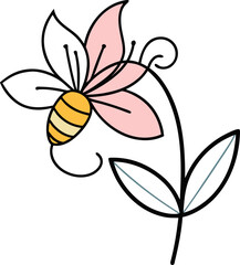 Flower + bee outline, playful thin lines, pastel yellow and pink. silhouette vector icon , black and white , white background