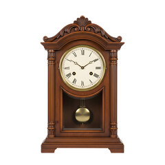 Antique wooden mantel clock with pendulum and Roman numerals on white face isolated on black background