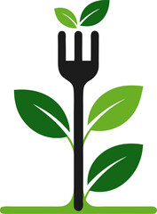 Sprouting plant + fork icon, green tones, modern clean design. silhouette vector icon , black and white , white background