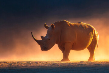 Fototapeta premium Rhino standing in a dust cloud with backlight at sunset in the wild Generative AI