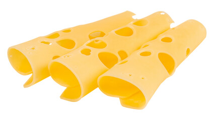 Rolled slices of Swiss cheese with characteristic holes isolated on white background, close up, copy space, food ingredient concept, macro detail