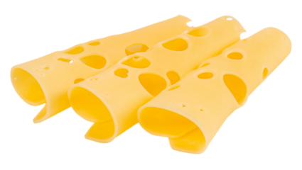 Rolled slices of Swiss cheese with characteristic holes isolated on white background, close up, copy space, food ingredient concept, macro detail
