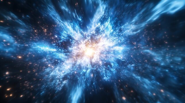 A stunning cosmic explosion of blue and gold light, a supernova in the vastness of space, a celestial event