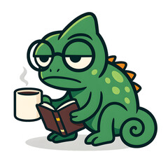 Sleepy green chameleon cartoon with glasses holding a coffee cup and reading a book, cute funny reptile illustration for morning mood and relaxation themes, isolated on transparent background