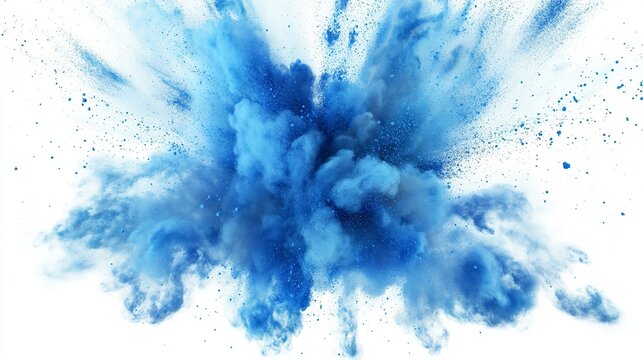 Energetic burst of blue powder creating a mesmerizing explosion effect against a pristine white background