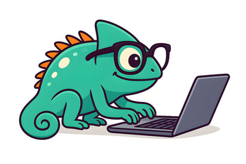 Funny turquoise chameleon cartoon with glasses using a laptop computer, modern geek mascot concept for technology, productivity, or online learning themes, isolated on transparent background