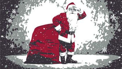 Santa Claus Looking into the Distance on a Snowy Winter Night. A festive vector illustration of Santa Claus standing in the snow with his red bag