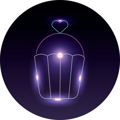 Cupcake outline with glowing neon heart topper against a dark starry background with bright purple and blue lights and lens flare effect