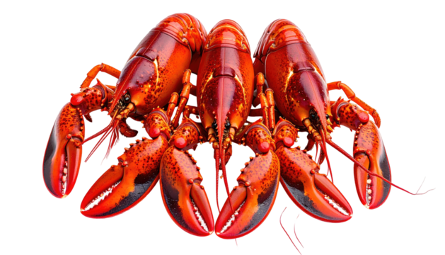 Three bright red lobsters posed closely together