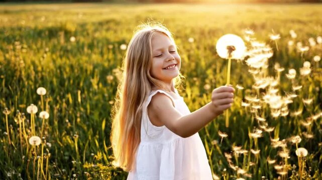 A joyful young girl with long blonde hair is captured in a vibrant field of dandelions, gracefully blowing seeds into the soft, golden sunset light. Her eyes are closed, reflecting a moment of pure bl