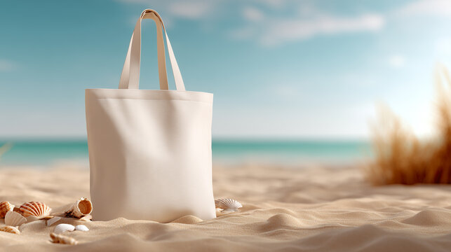 simple plain white Reusable fabric beach tote bag on a sandy beach with calm ocean backdrop, emphasizing eco-friendliness, minimalism, and connection with nature	