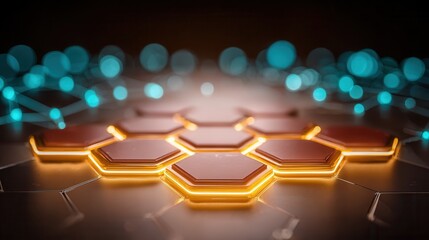 Dynamic network of glowing hexagonal nodes connecting in a futuristic digital landscape, representing innovation and data flow.