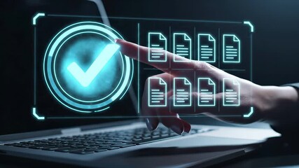 interacts with holographic interface displaying verification checkmark and document files. Digital management system concept for business workflow automation, compliance validation, electronic