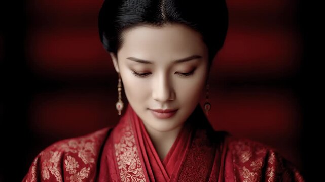 Tang Dynasty woman in red, dignified and elegant, showcasing Eastern classical beauty