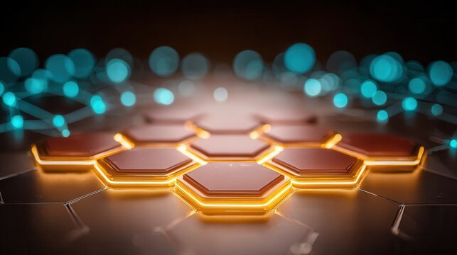 Dynamic network of glowing hexagonal nodes connecting in a futuristic digital landscape, representing innovation and data flow. - Powered by Adobe