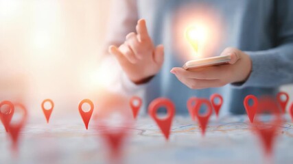 use phone show 3D Map pins, Map travel location, digital, technology, business, communication, GPS, global, connectivity, internet, networking, innovation - Powered by Adobe