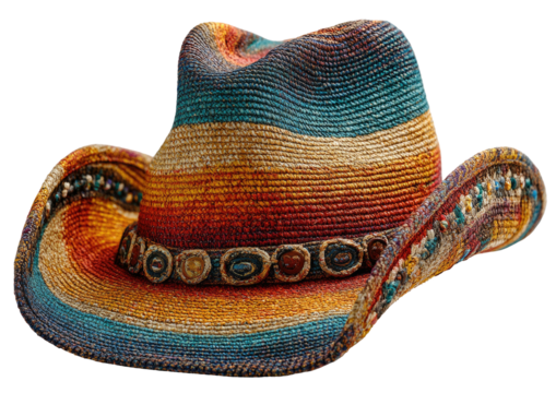 Striped straw cowboy hat with beaded band and patterned brim