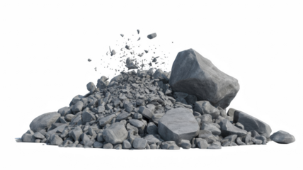 Pile of gray rocks and rubble isolated on white background construction material concept