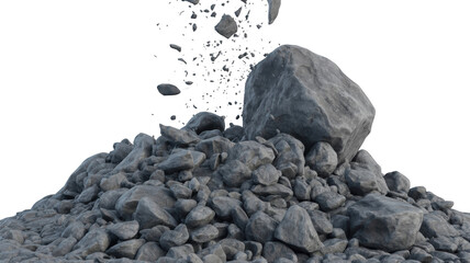 Pile of gray rocks stones falling isolated on white background construction material