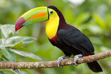 Obraz premium Brightly colored toucan perched on a tropical branch in a lush setting Generative AI