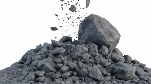 Pile of gray rocks stones falling isolated on white background construction material
