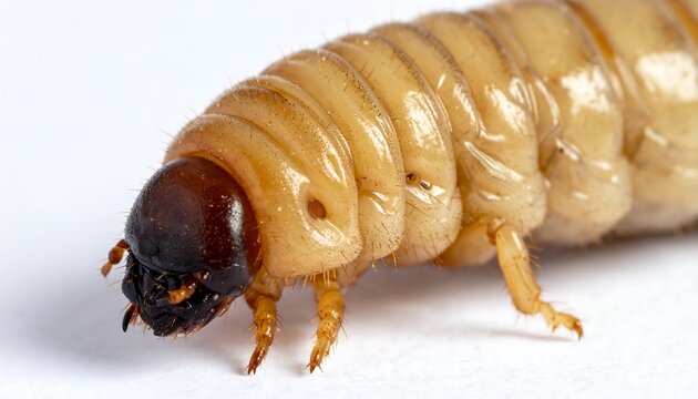 Macro photo showing maggot body segments and texture, isolated. 
