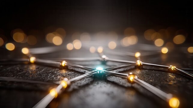 Dynamic network of glowing nodes and connections pulses with vibrant energy, symbolizing innovation and global connectivity in a modern abstract design.