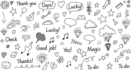 Obraz premium Black and White Doodles featuring Words, Diamonds, Arrows, Hearts on Transparent Background