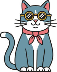 a light blue and white cat wearing round gold-rimmed glasses and a pink neckerchief, sitting and smiling.