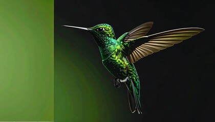 Obraz premium Metallic green hummingbird hovering, isolated solid black background