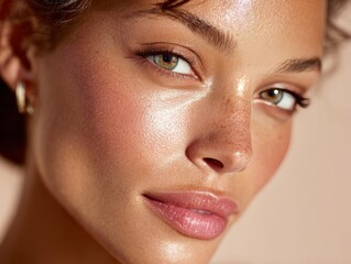 Woman with glowing skin and natural beauty close up