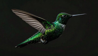 Obraz premium Metallic green hummingbird hovering, isolated solid black background