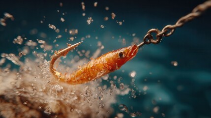 Dramatic close-up captures a vibrant orange fish caught on a sharp metal hook, splashing water and creating dynamic motion, perfect for adventure themes.