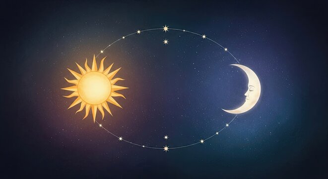 Winter solstice celestial alignment, sun and moon in cosmic dance, seasonal change concept