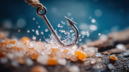 Shiny fishing hook glistens with water droplets over bait, capturing the thrill of the catch and outdoor adventure