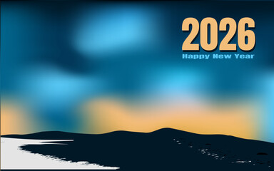 Vector New Year 2026 banner. Minimalist winter scene, snowy horizon, and blurry sky gradient. Holiday celebration, clean design, season's greetings background