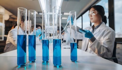 a modern laboratory setting with scientists working in the background, symbolizing research, chemistry, scientific experiment, and innovation.
