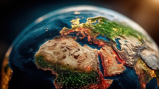 Stunning digital earth globe illuminated with vibrant network lights showcasing global connectivity and modern technology in a dynamic abstract view