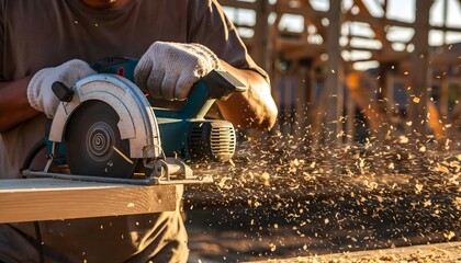 Close-up of a construction worker using a circular saw to cut wood, with sawdust flying in sunlight, symbolizing woodworking, carpentry, power tools, craftsmanship, and manual labor.