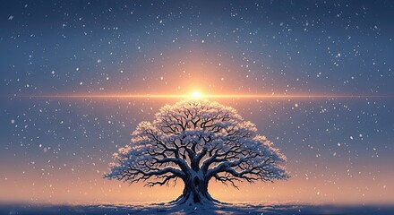 Snowy tree bathed in light, winter solstice sunrise brings renewal and tranquil beauty