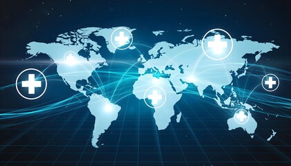 Global digital health network concept with world map and medical cross icons connected by glowing lines, symbolizing telemedicine, global healthcare, and digital medical communication.