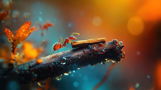 Red ant carries small twig on stick with water drops, bright bokeh background