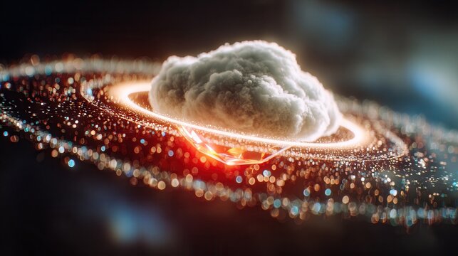 Captivating abstract vortex with luminous cloud and swirling digital particles evokes innovation and cosmic wonder for tech themes