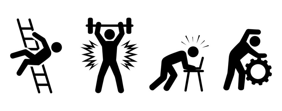 Set of worker injury prevention icons showing different workplace accident risks such as falling from ladder, lifting heavy weight, back pain, and machinery hazard safety symbols in black silhouette s - Powered by Adobe