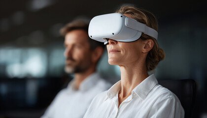 Focused woman worker in office using VR headset for business virtual reality simulation. Technology of future in corporate setting