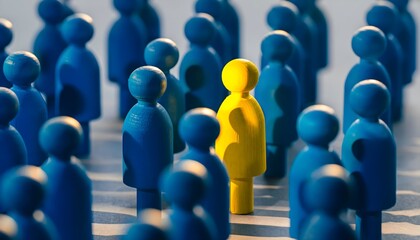 Yellow wooden figure standing out among blue figures, symbolizing individuality, uniqueness, leadership, diversity, and standing out from the crowd in business or society.