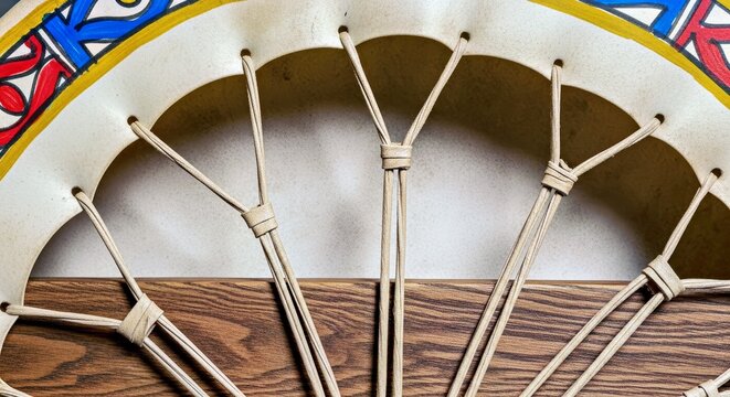 Close-up of Textured Drumhead with Knotted Ropes, Colorful Graphics, and Wood Detail