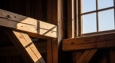 Wooden beams and window frame in a rustic building interior.