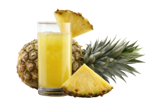 Pineapple juice in glass, with pineapple wedges on black