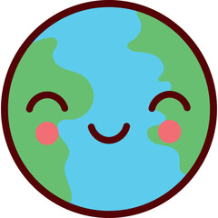 Cute cartoon planet earth with happy face green and blue continents with pink cheeks and dark outline on transparent background simple illustration
